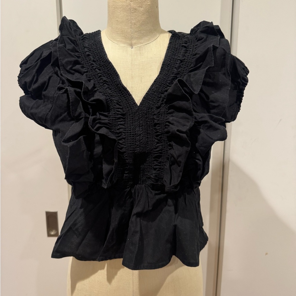 Black Ruffled V-Neck Women's Top